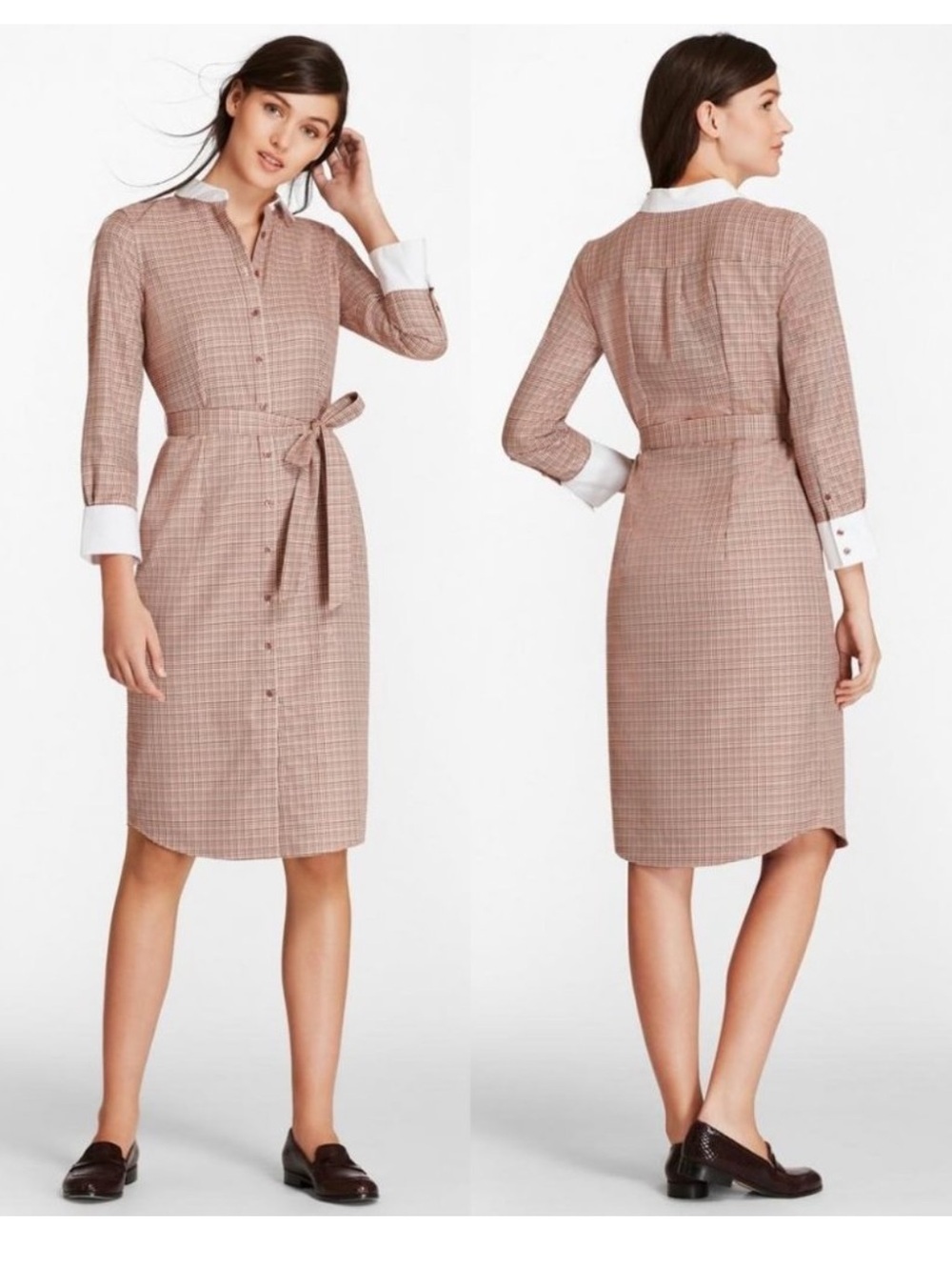 Brooks Brothers Houndstooth Collar Button Up Dress Fall Autumn Brown 4